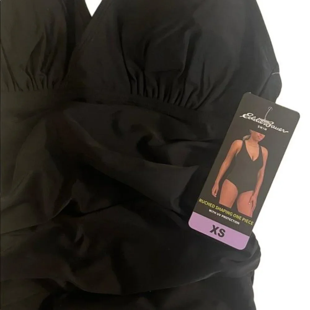 Eddie Bauer‎ Ruched Shaping One Piece Swimsuit Black Women's XS UV Protection